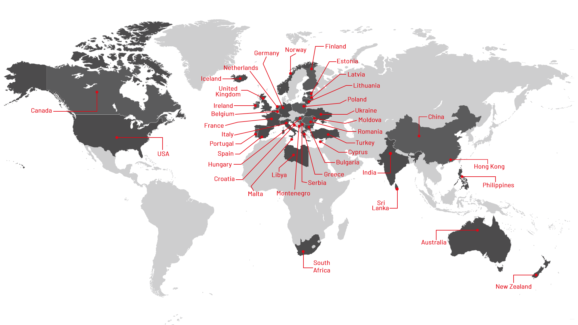 World map highlighting the 39 countries WIPE hotwire serves across the Americas, Europe, the Mediterranean, Africa, Asia and Oceania.
